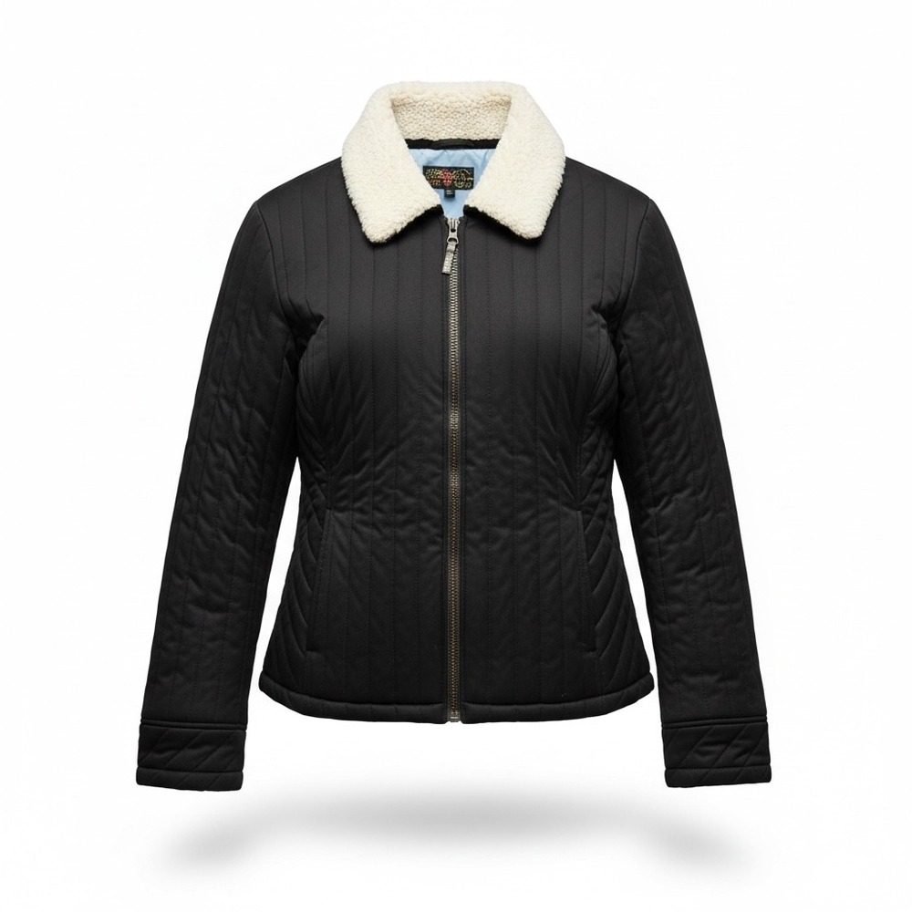 Mudd Cozy‎ Quilted Puffer Jacket Faux Fur Collar Black Full Zip Women L Winter